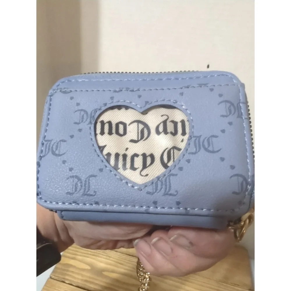 Juicy Couture Blue Pebbled Zip Wallet Heart Coin Purse Gold Chain Logo Charm